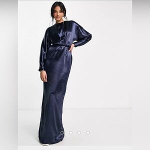 ASOS DESIGN maxi dress with batwing sleeve and wrap waist in navy satin